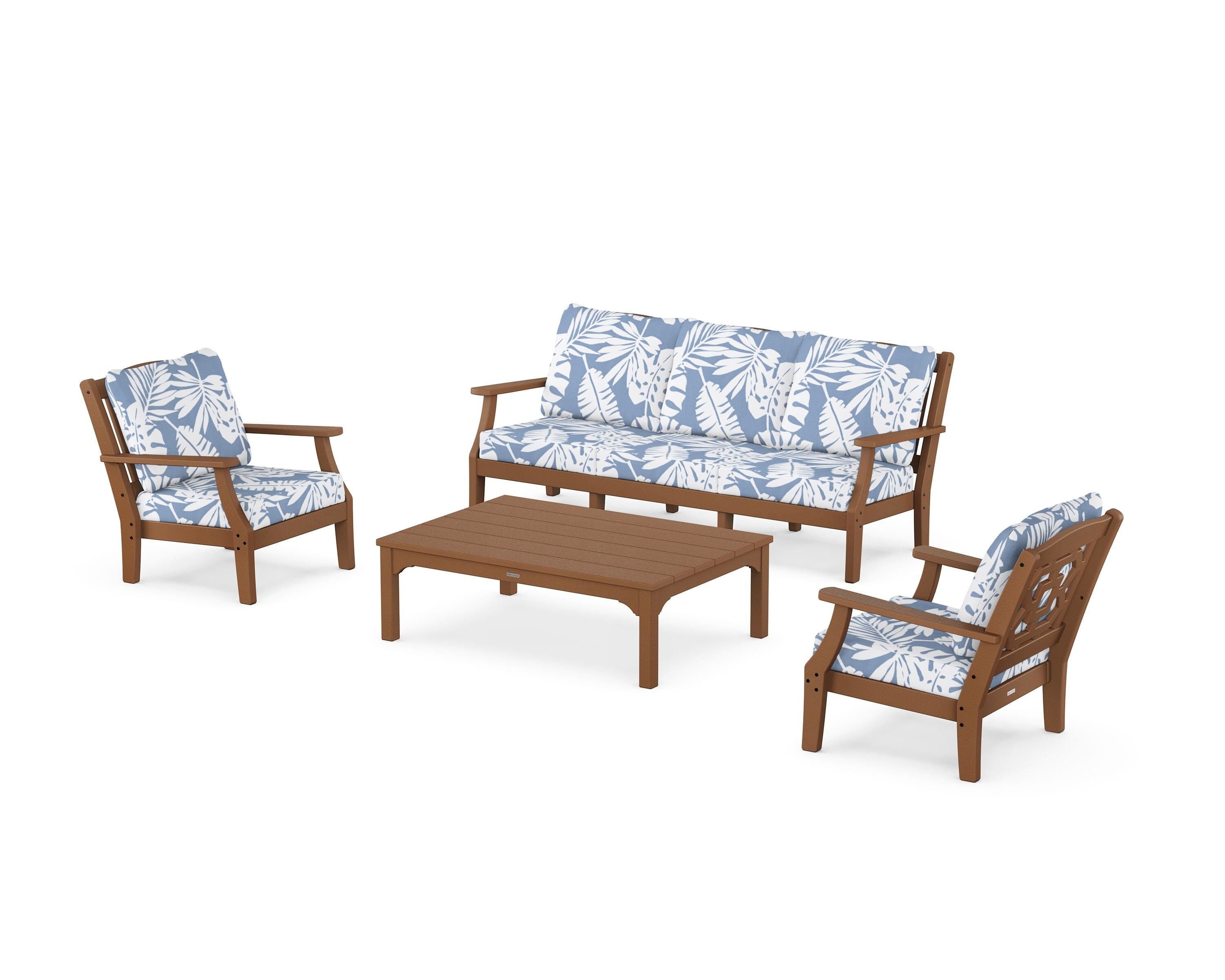 Martha Stewart by POLYWOOD® Chinoiserie 4-Piece Deep Seating Set with Sofa in Teak / Leaf Sky Blue