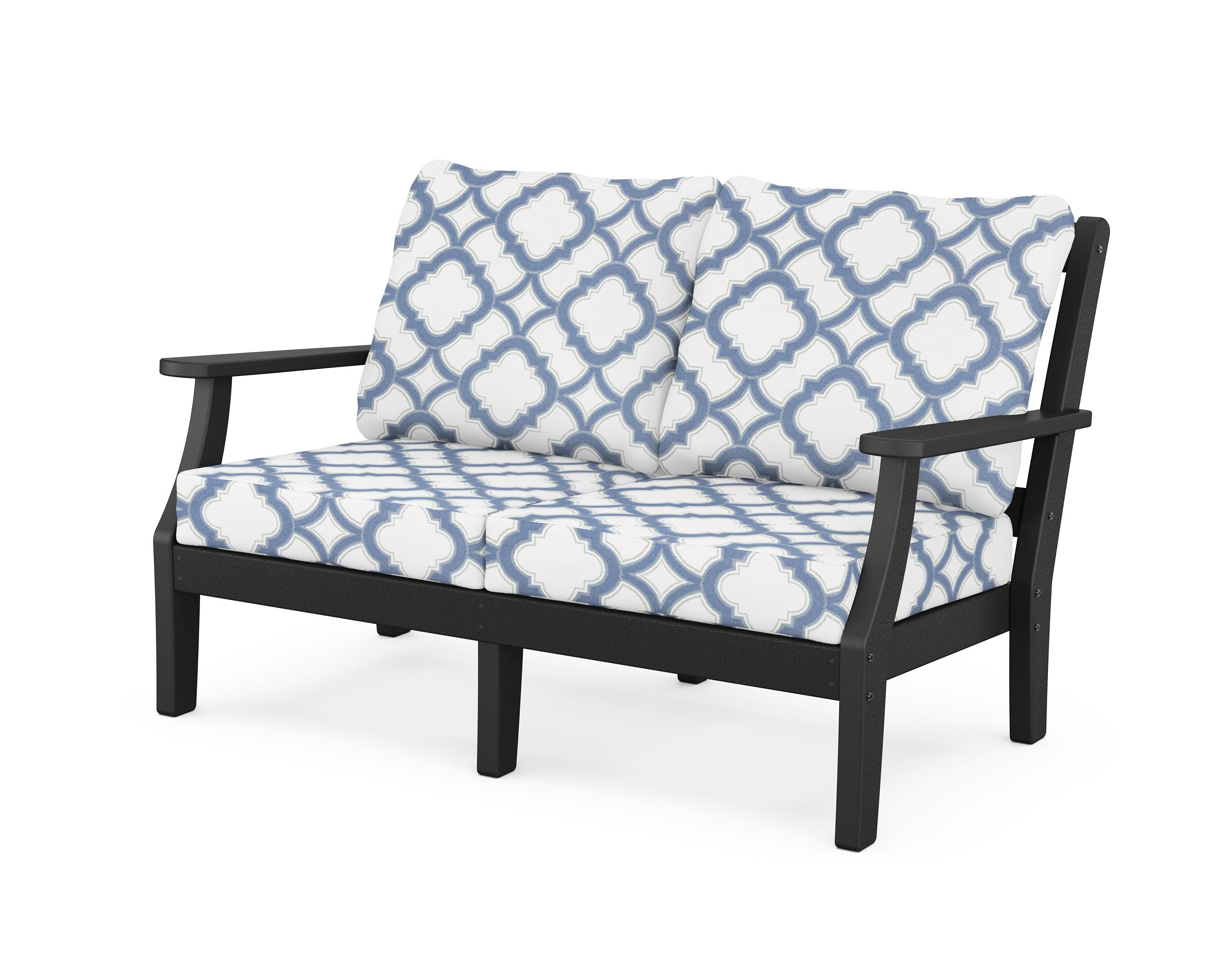 Martha Stewart by POLYWOOD® Chinoiserie Deep Seating Loveseat in Black / Trellis Sky Blue