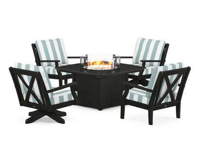 POLYWOOD® Braxton 5-Piece Deep Seating Set with Fire Table in Black / Cabana Stripe Glacier Spa