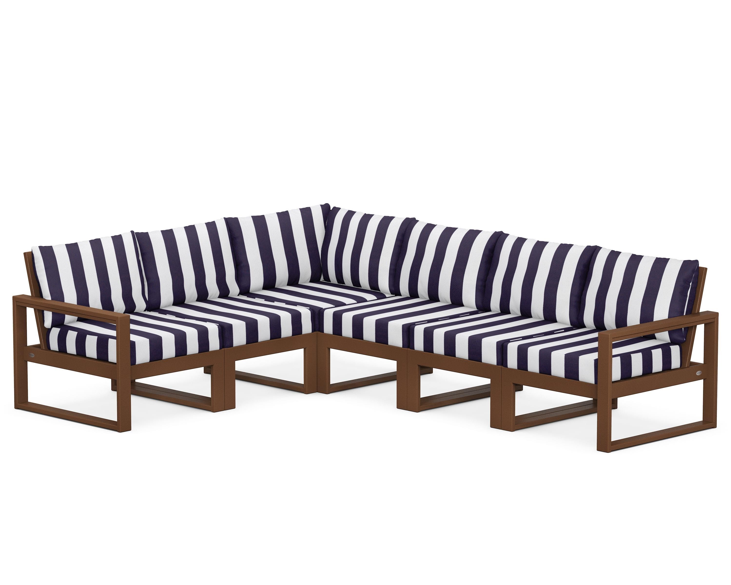 POLYWOOD® EDGE 6-Piece Modular Deep Seating Set in Teak / Cabana Stripe Navy