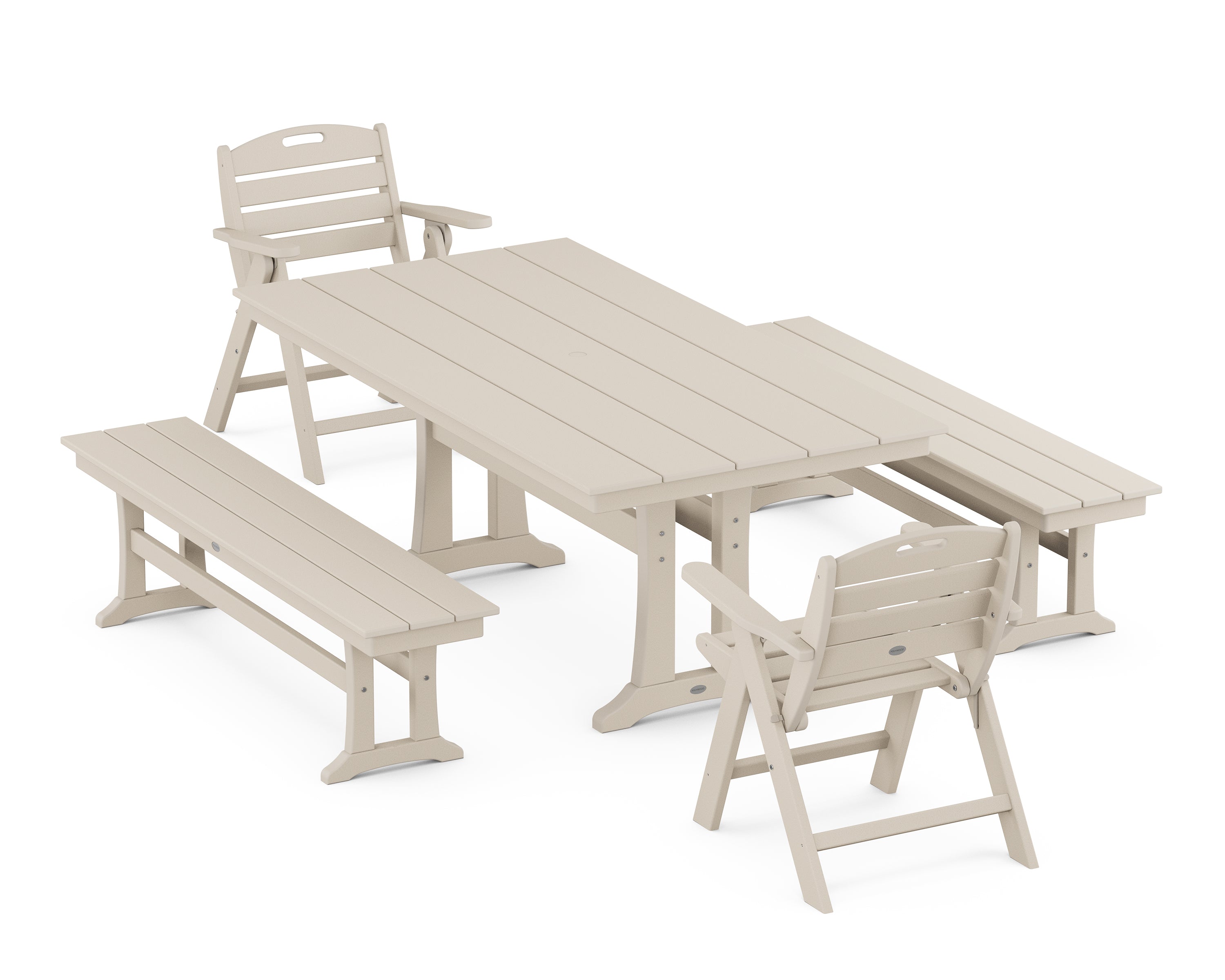 POLYWOOD® Nautical Folding Lowback Chair 5-Piece Farmhouse Dining Set With Trestle Legs in Sand