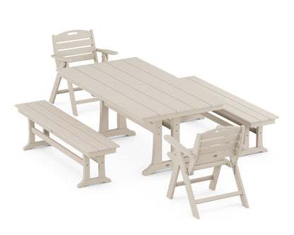 POLYWOOD® Nautical Folding Lowback Chair 5-Piece Farmhouse Dining Set With Trestle Legs in Sand