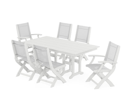 POLYWOOD® Coastal Folding Chair 7-Piece Farmhouse Dining Set in White / White Sling