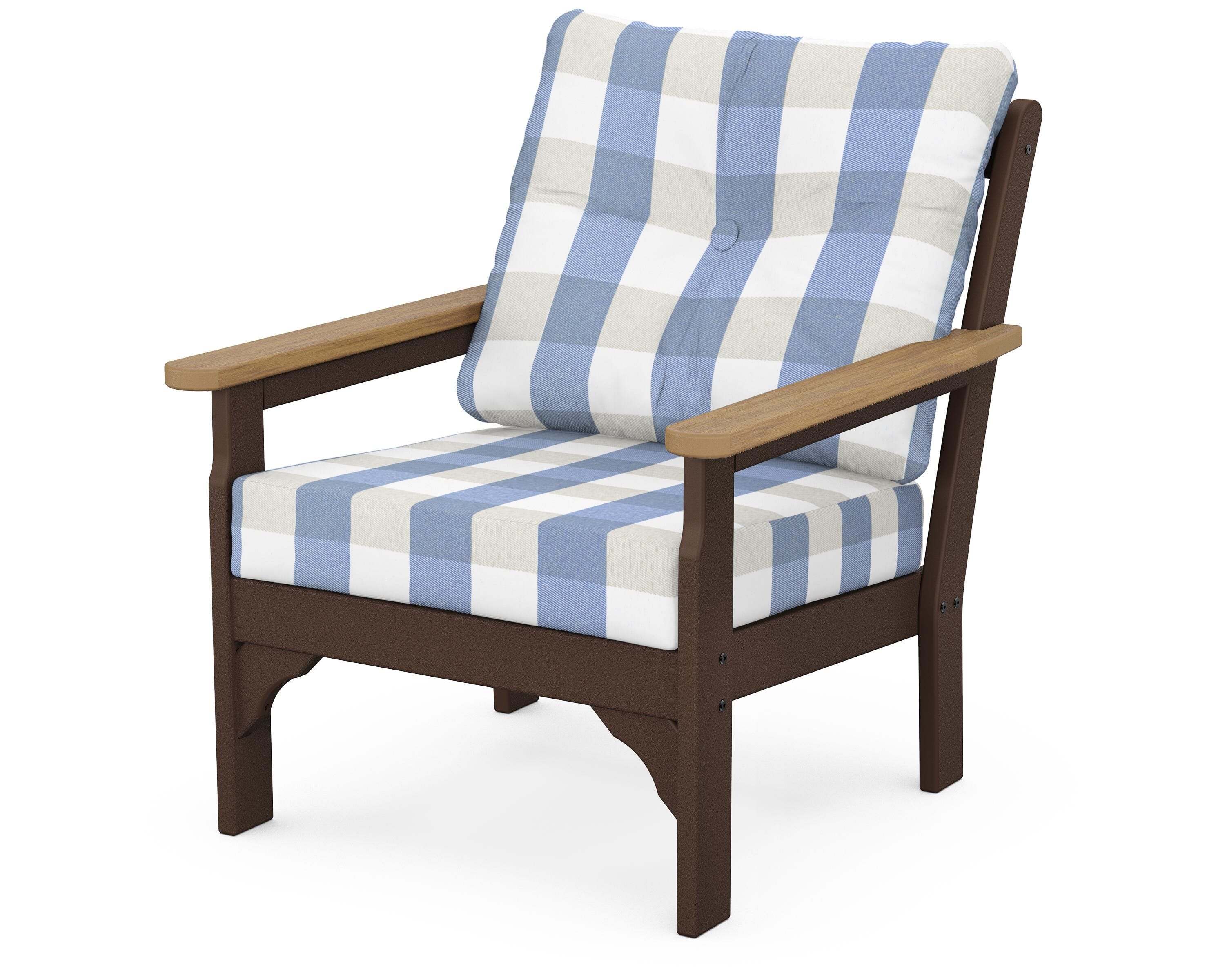 POLYWOOD® Vineyard Deep Seating Chair in Mahogany / Natural / Buffalo Plaid Sky Blue