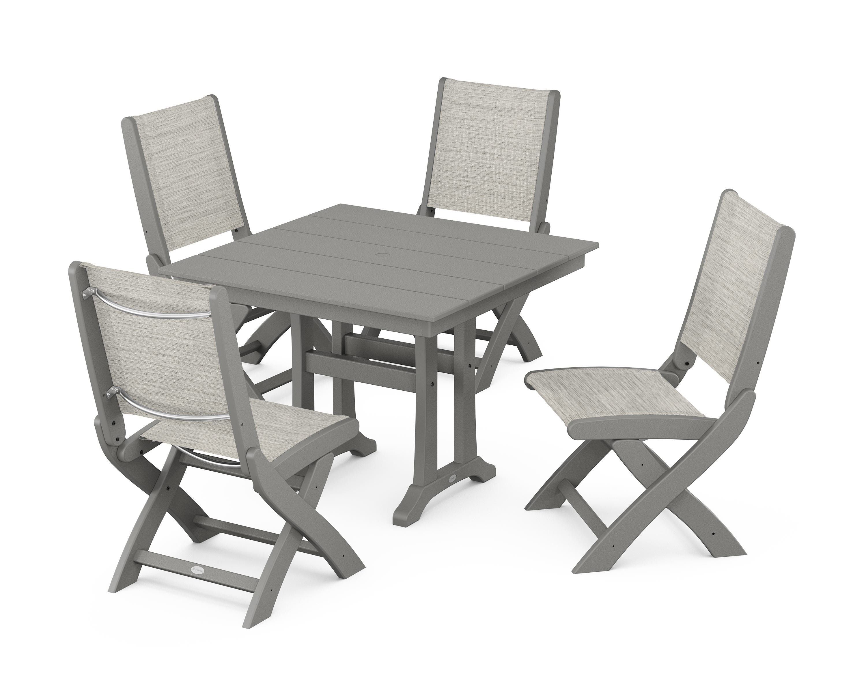 POLYWOOD® Coastal Folding Side Chair 5-Piece Farmhouse Dining Set With Trestle Legs in Slate Grey / Birch Sling