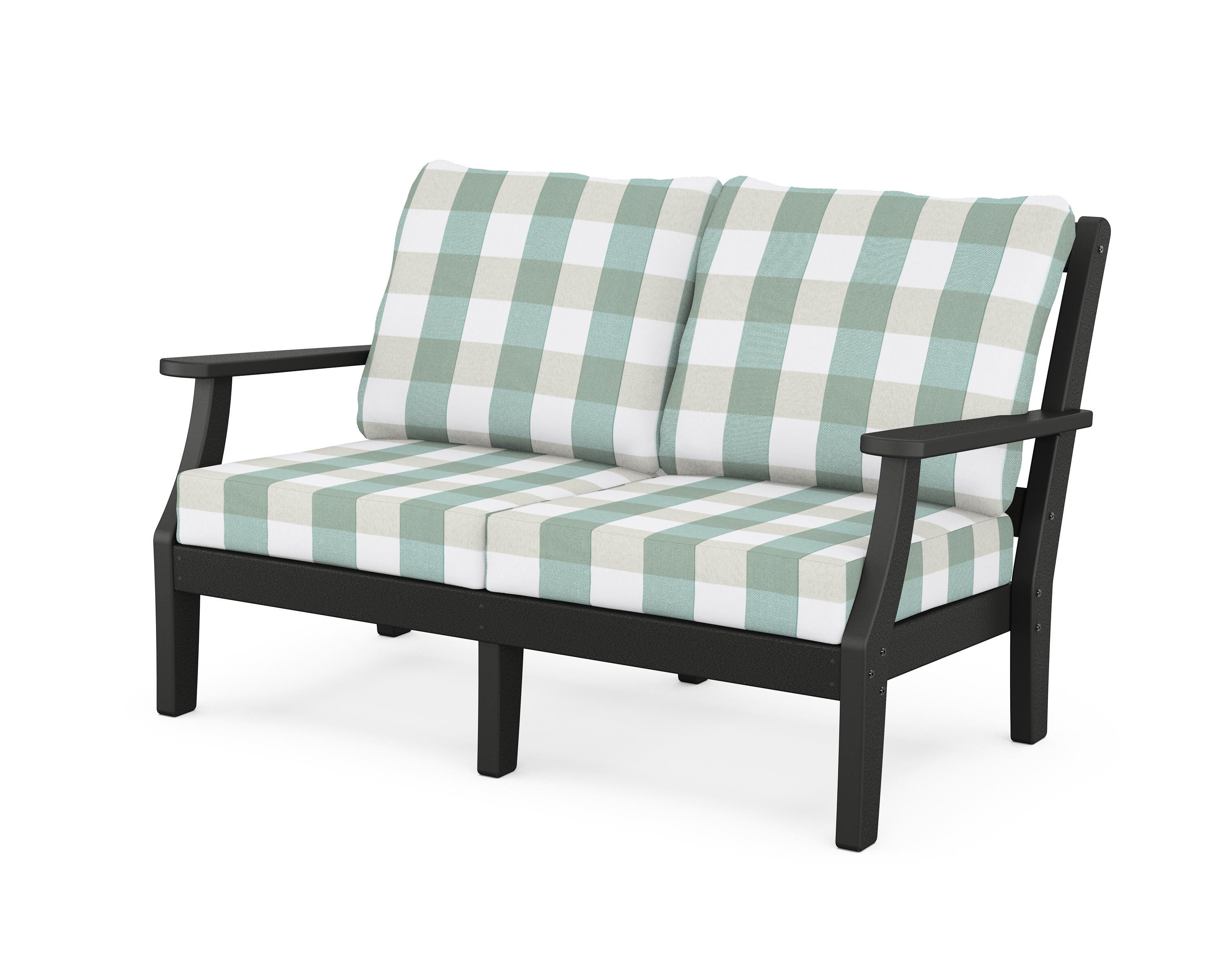 Martha Stewart by POLYWOOD® Chinoiserie Deep Seating Loveseat in Black / Buffalo Plaid Glacier Spa