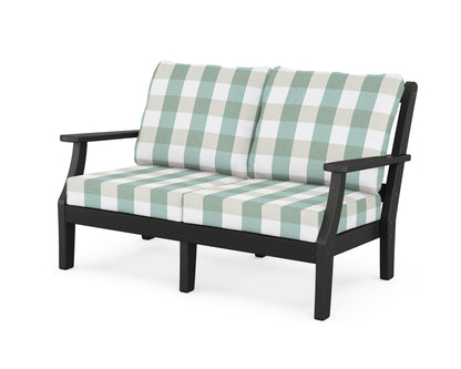 Martha Stewart by POLYWOOD® Chinoiserie Deep Seating Loveseat in Black / Buffalo Plaid Glacier Spa
