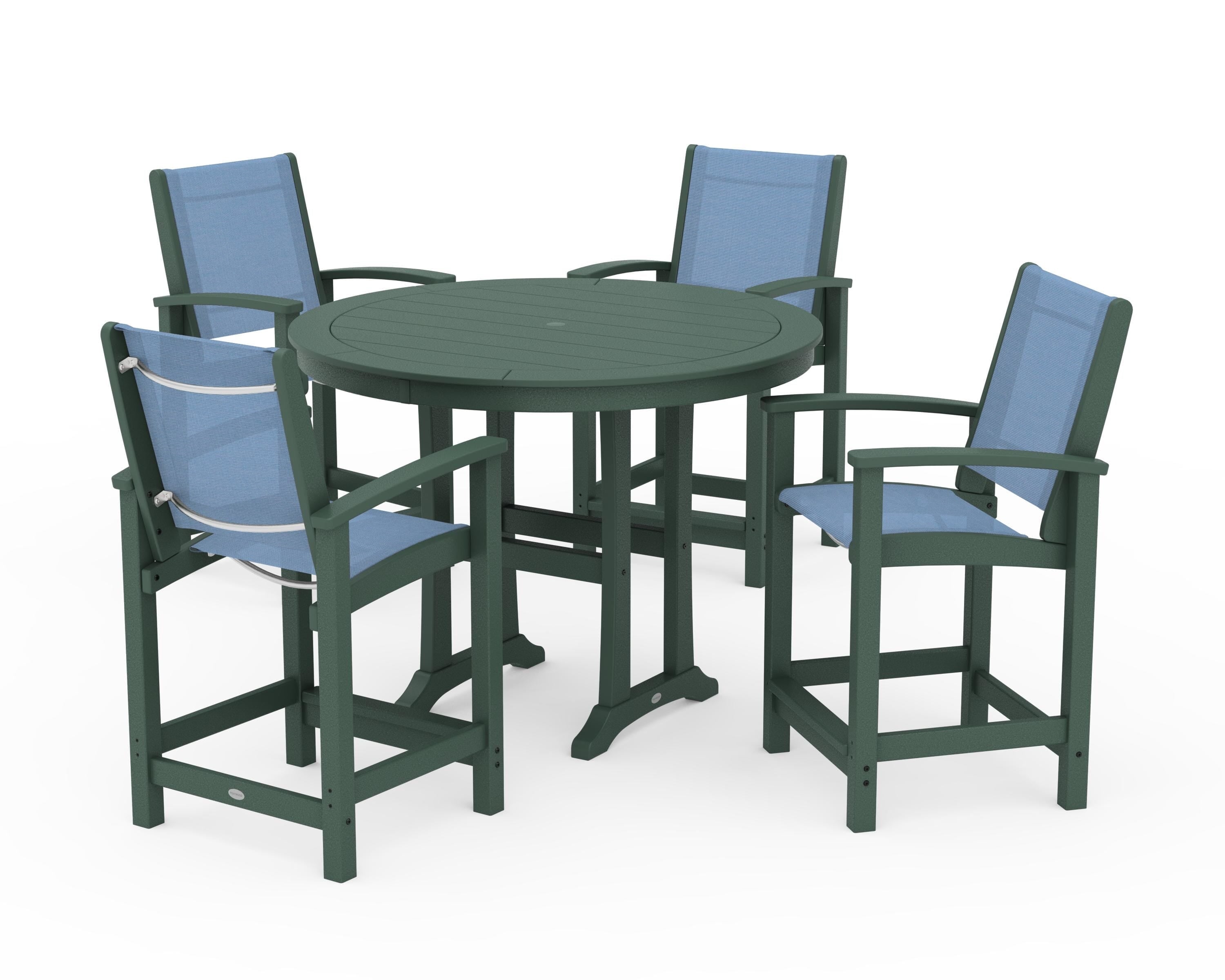 POLYWOOD® Coastal 5-Piece Counter Set in Green / Poolside Sling