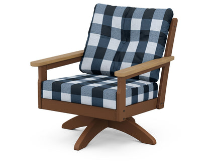 POLYWOOD® Vineyard Deep Seating Swivel Chair in Teak / Natural / Buffalo Plaid Marine Indigo