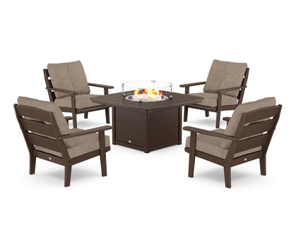POLYWOOD® Lakeside 5-Piece Deep Seating Set with Nautical Fire Pit Table in Mahogany / Spiced Burlap