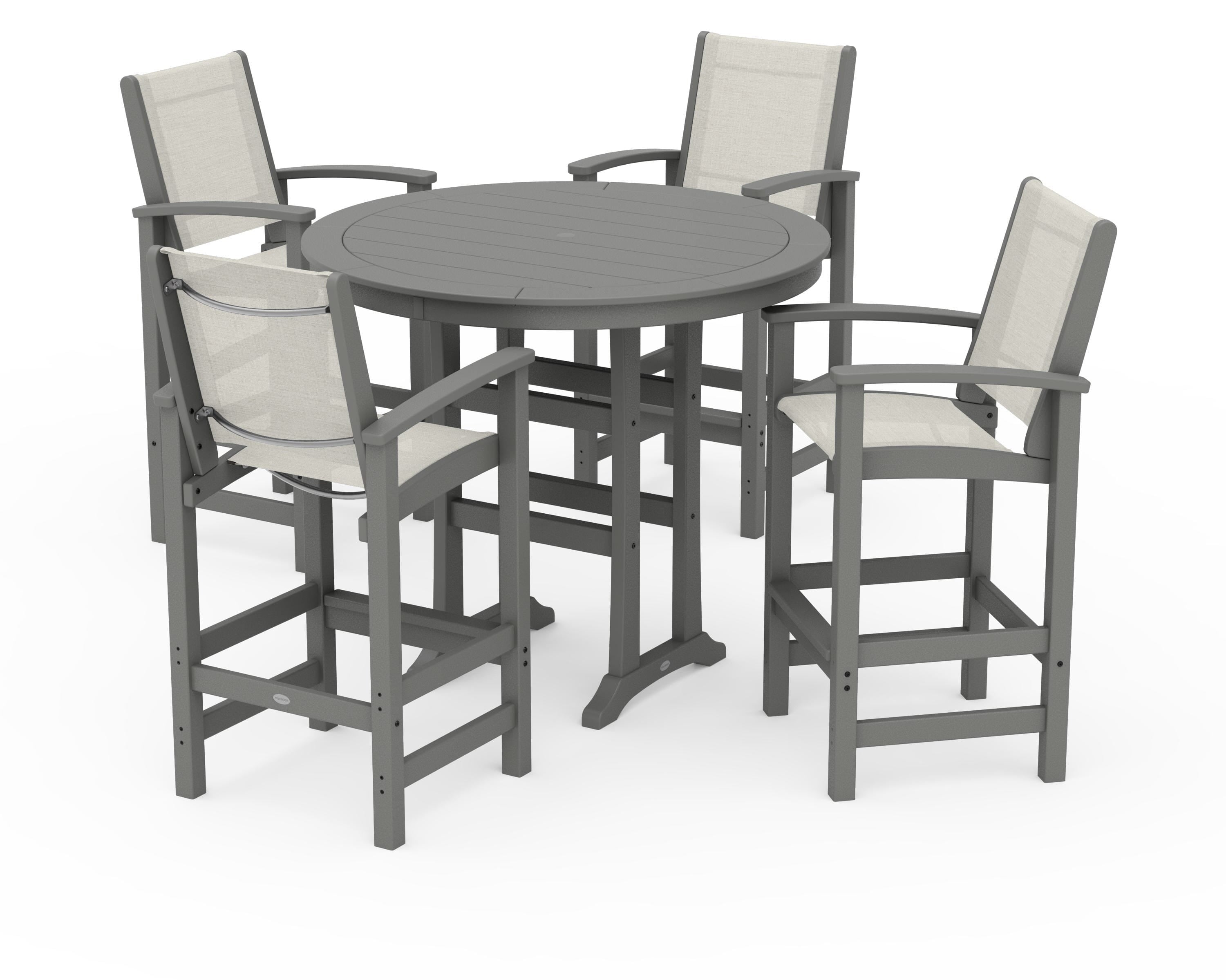 POLYWOOD® Coastal 5-Piece Nautical Trestle Bar Set in Slate Grey / Parchment Sling