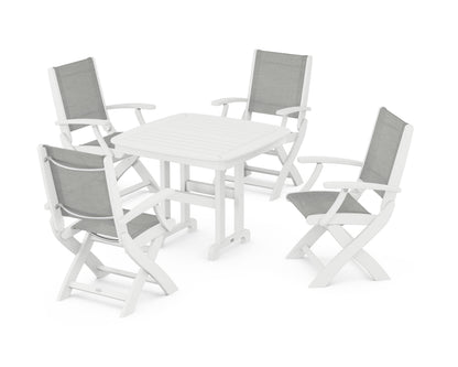 POLYWOOD® Coastal Folding Chair 5-Piece Dining Set in White / Metallic Sling