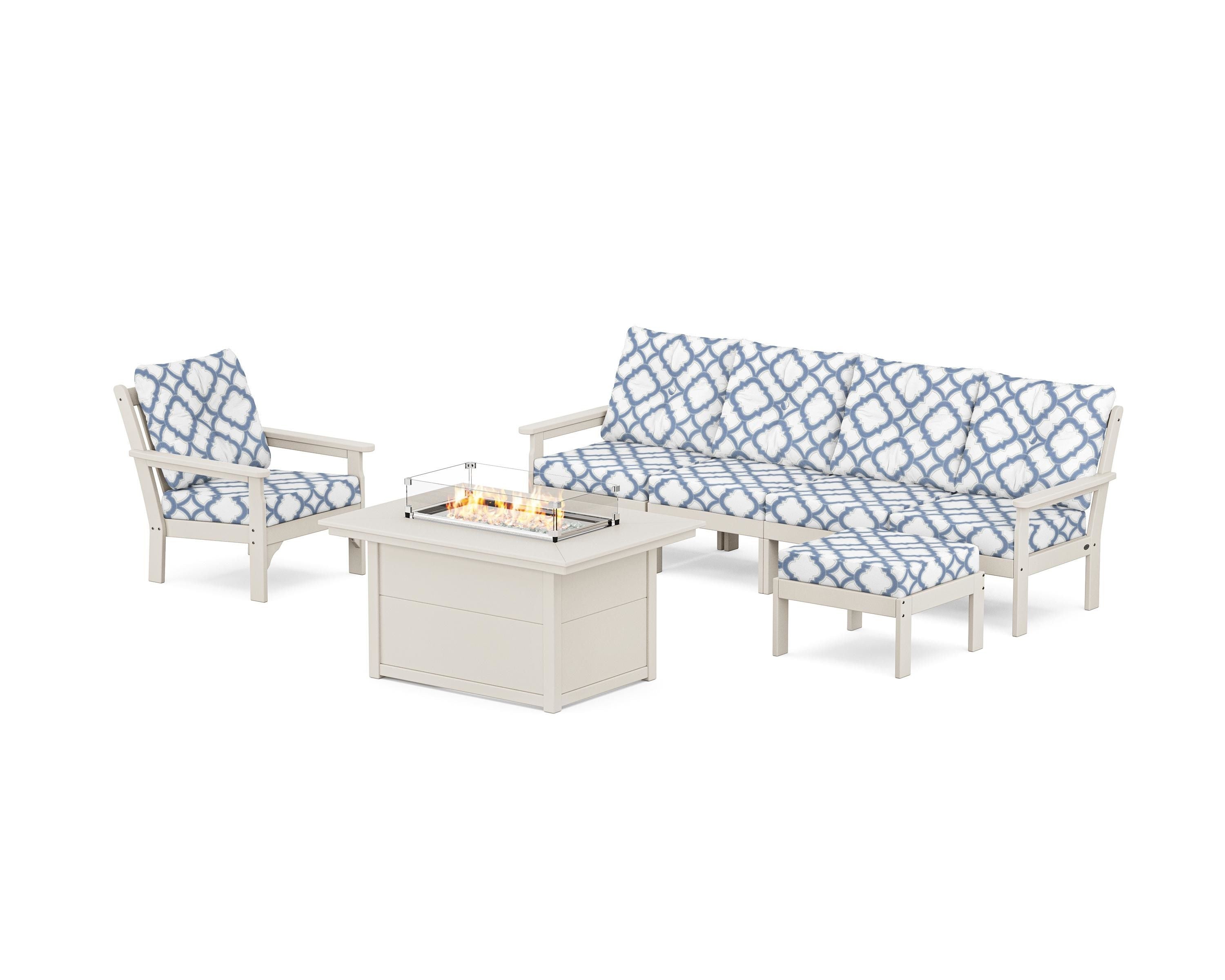 POLYWOOD® Vineyard Sectional Lounge and Fire Pit Set in Sand / Trellis Sky Blue