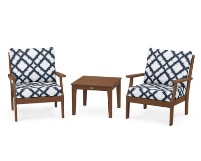 POLYWOOD® Braxton 3-Piece Deep Seating Set in Teak / Trellis Marine Indigo