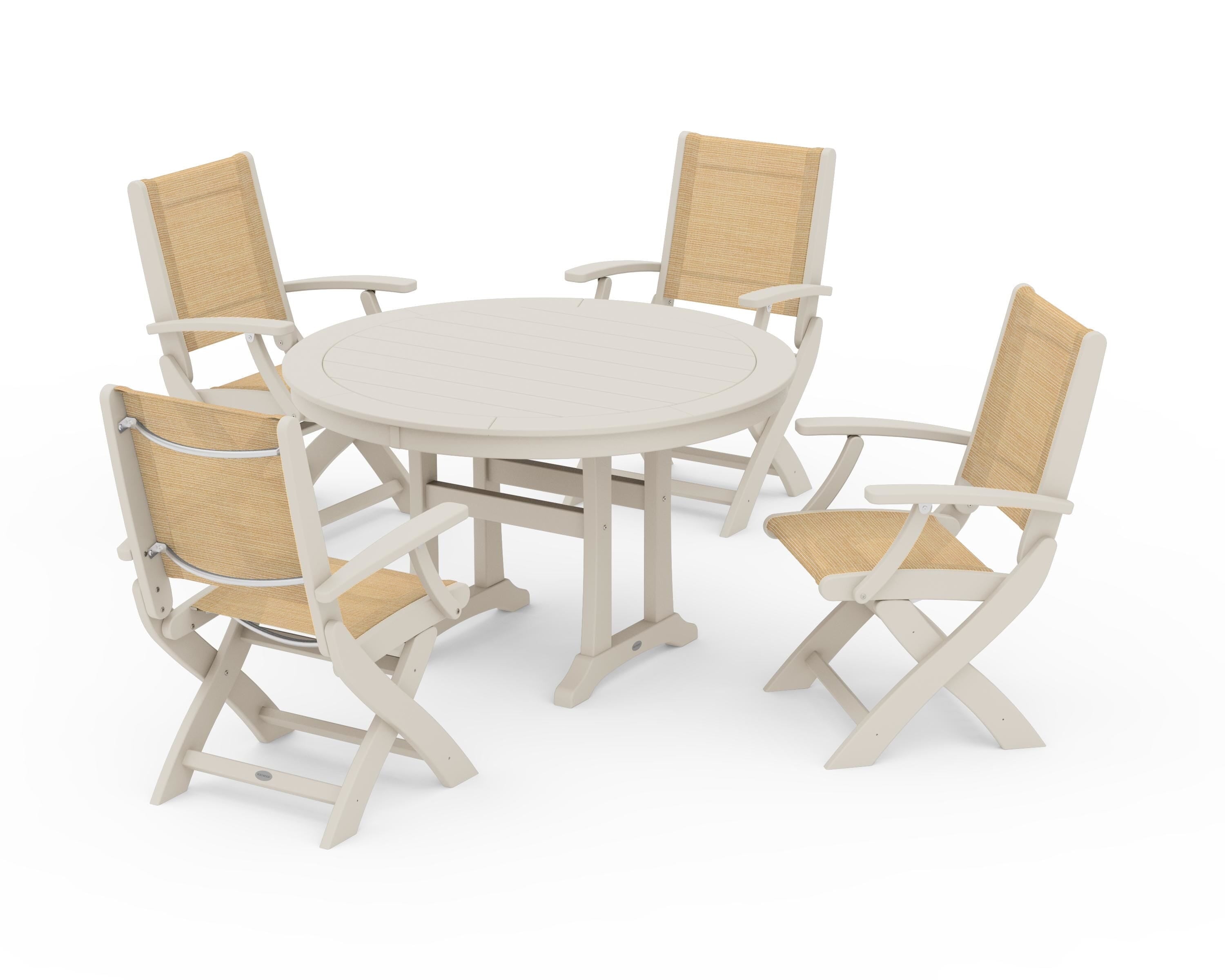 POLYWOOD® Coastal Folding Chair 5-Piece Round Dining Set with Trestle Legs in Sand / Dupioni Apricot Sling