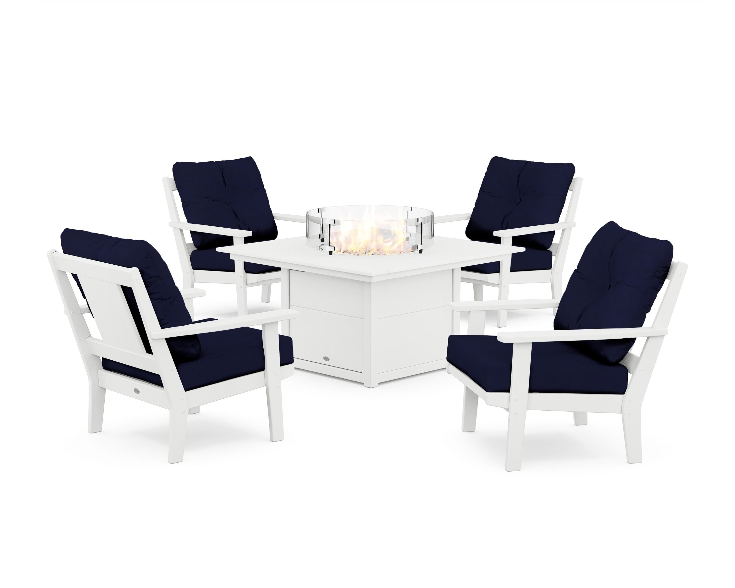 POLYWOOD® Prairie 5-Piece Deep Seating Set with Fire Pit Table in White / Navy