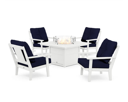 POLYWOOD® Prairie 5-Piece Deep Seating Set with Fire Pit Table in White / Navy