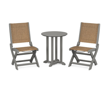 POLYWOOD® Coastal Folding Side Chair 3-Piece Round Bistro Dining Set in Slate Grey / Burlap Sling