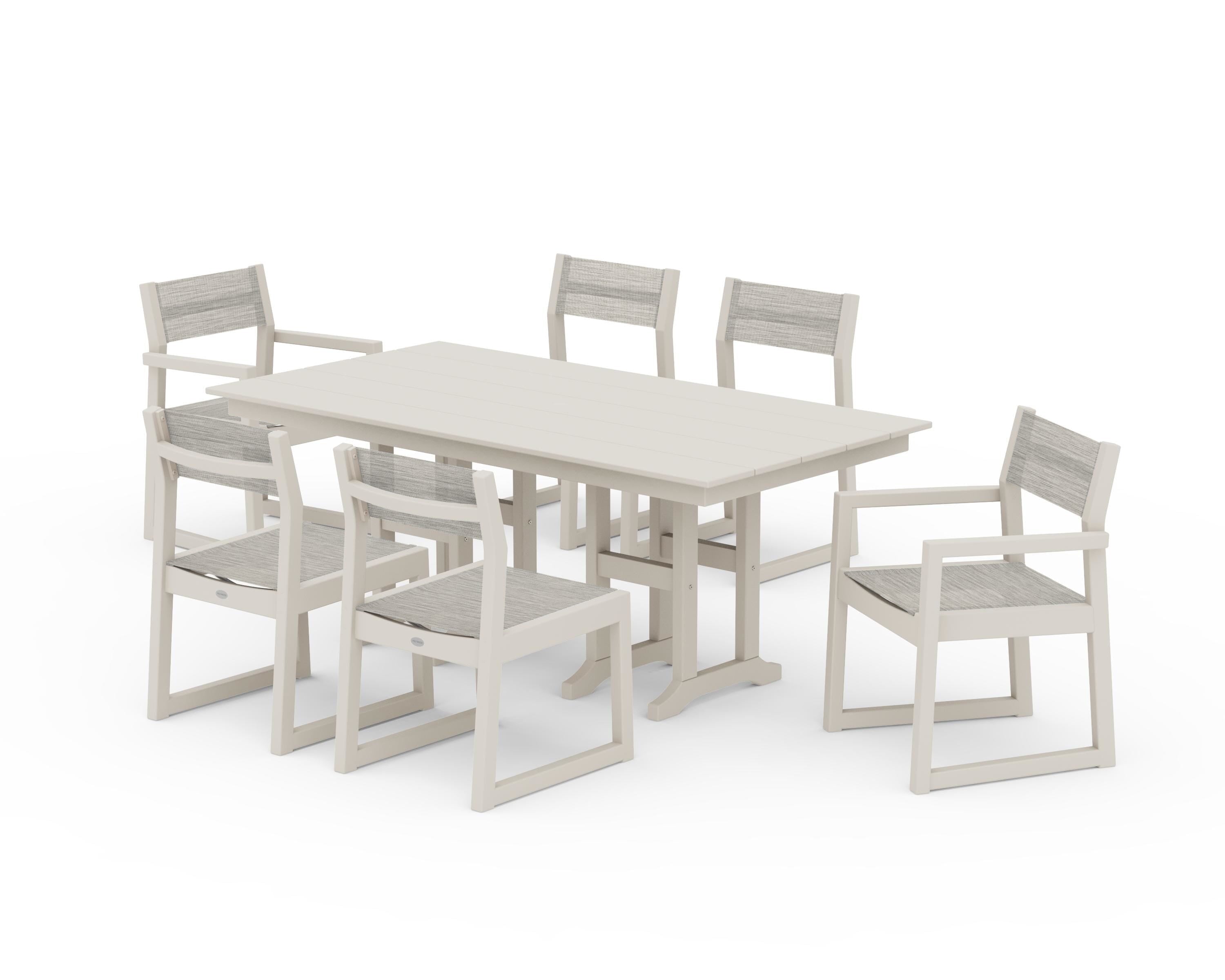POLYWOOD® EDGE Sling 7-Piece Farmhouse Dining Set in Sand / Birch Sling