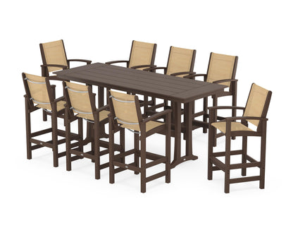 POLYWOOD® Coastal 9-Piece Farmhouse Bar Set with Trestle Legs in Mahogany / Dupioni Apricot Sling