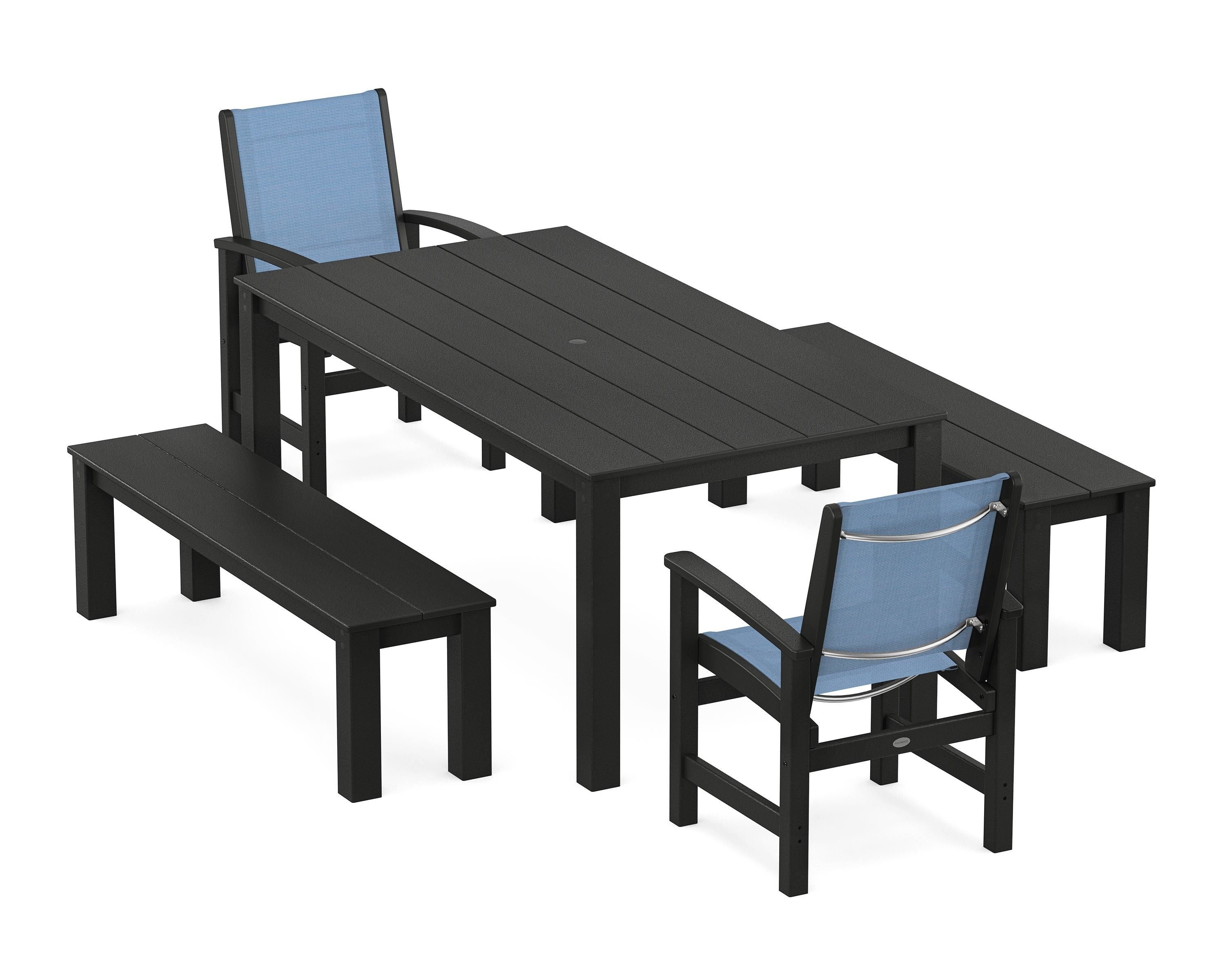 POLYWOOD® Coastal 5-Piece Parsons Dining Set with Benches in Black / Poolside Sling