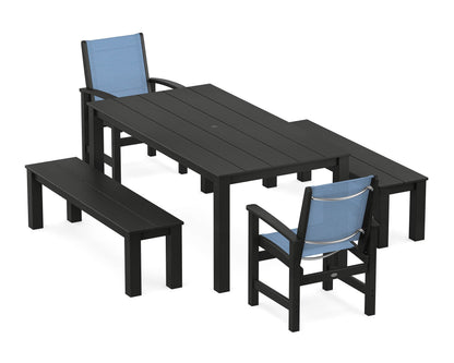POLYWOOD® Coastal 5-Piece Parsons Dining Set with Benches in Black / Poolside Sling