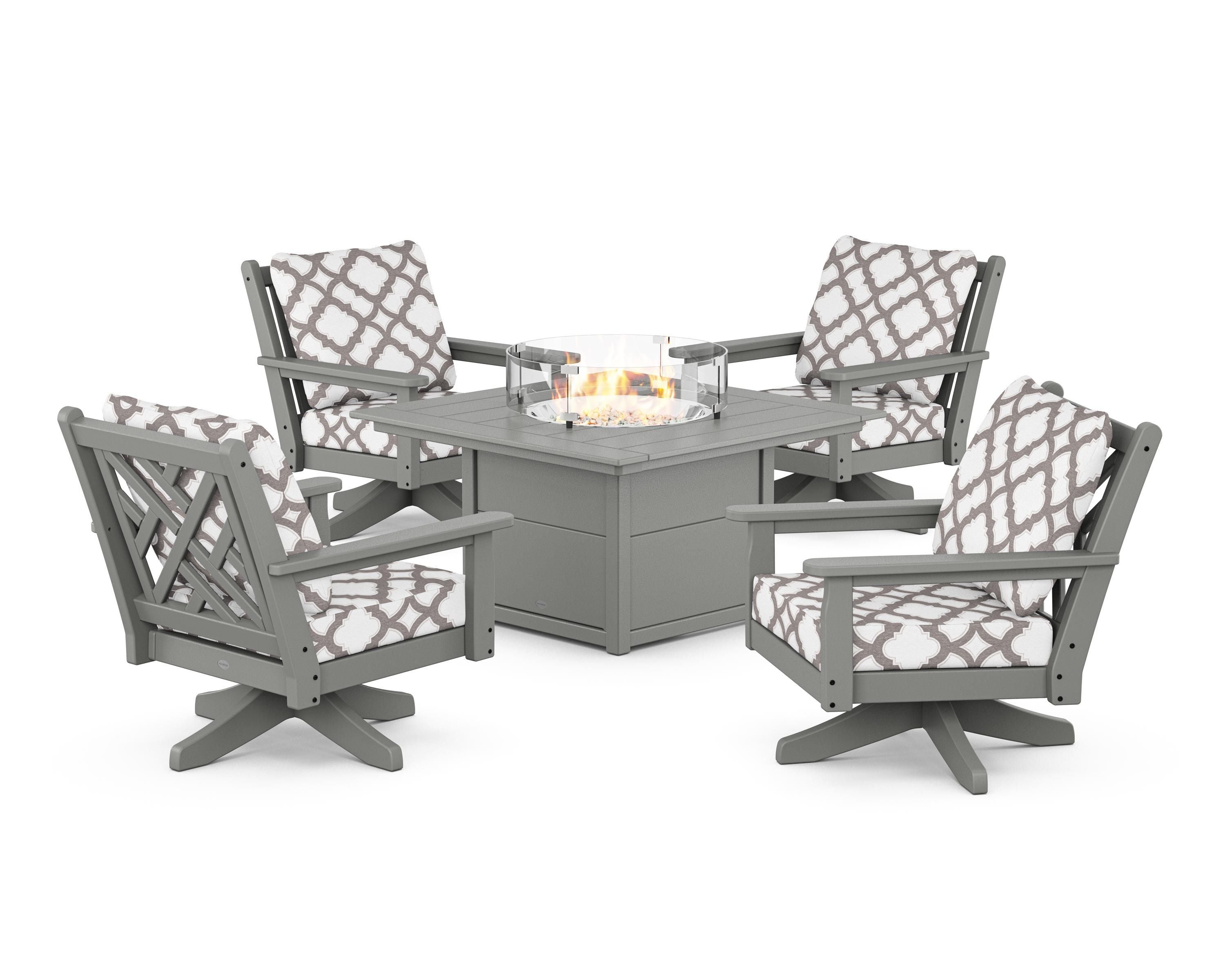 POLYWOOD® Chippendale 5-Piece Deep Seating Swivel Conversation Set with Fire Pit Table in Slate Grey / Trellis Grey Mist