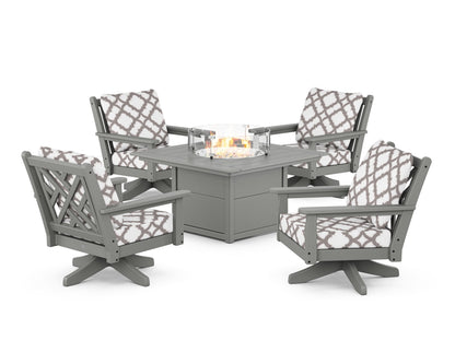 POLYWOOD® Chippendale 5-Piece Deep Seating Swivel Conversation Set with Fire Pit Table in Slate Grey / Trellis Grey Mist