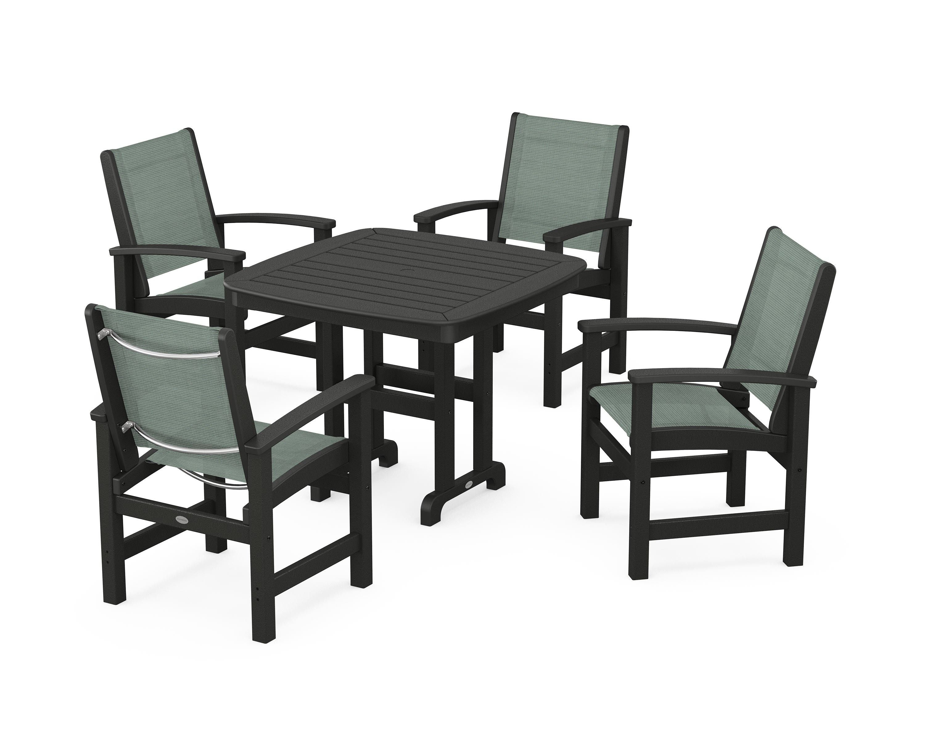 POLYWOOD® Coastal 5-Piece Dining Set in Black / Dupioni Sea Mist Sling