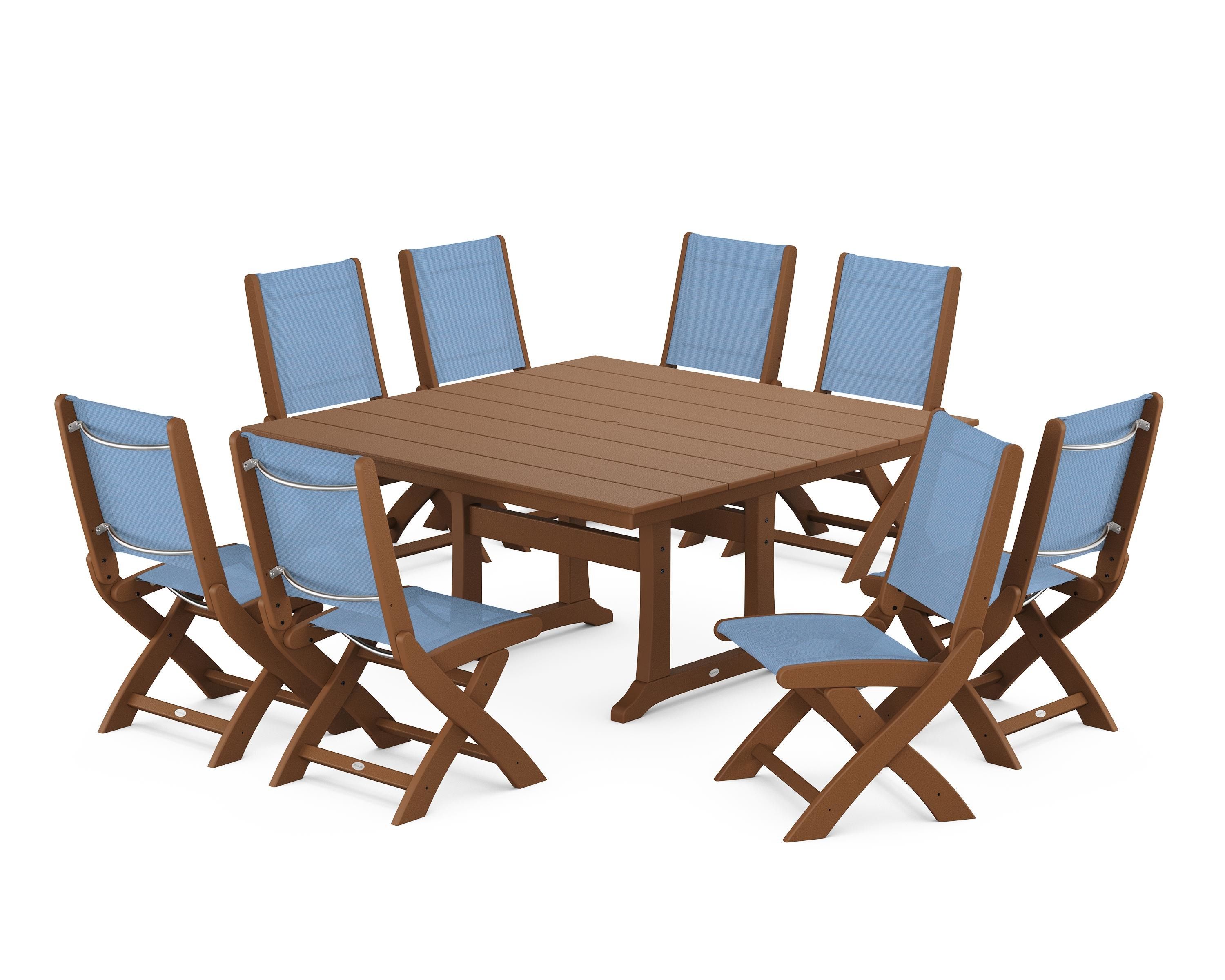 POLYWOOD® Coastal Folding Side Chair 9-Piece Farmhouse Dining Set in Teak / Poolside Sling