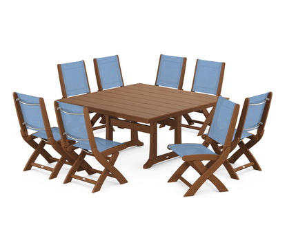 POLYWOOD® Coastal Folding Side Chair 9-Piece Farmhouse Dining Set in Teak / Poolside Sling