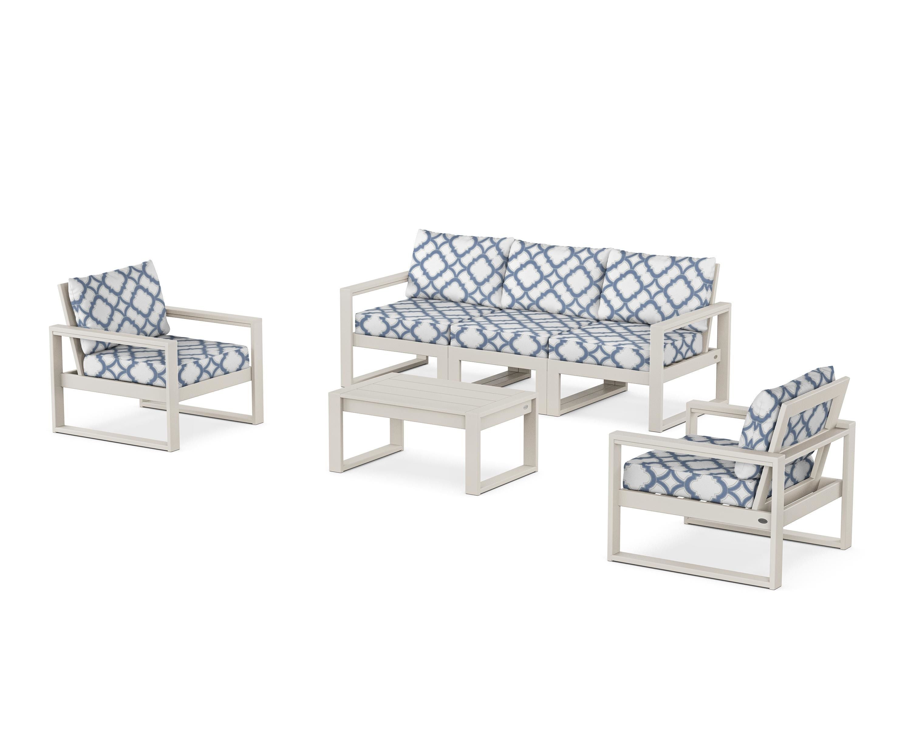 POLYWOOD® EDGE Sectional 4-Piece Deep Seating Set with Sofa in Sand / Trellis Sky Blue