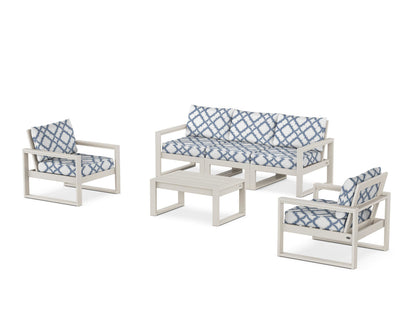 POLYWOOD® EDGE Sectional 4-Piece Deep Seating Set with Sofa in Sand / Trellis Sky Blue