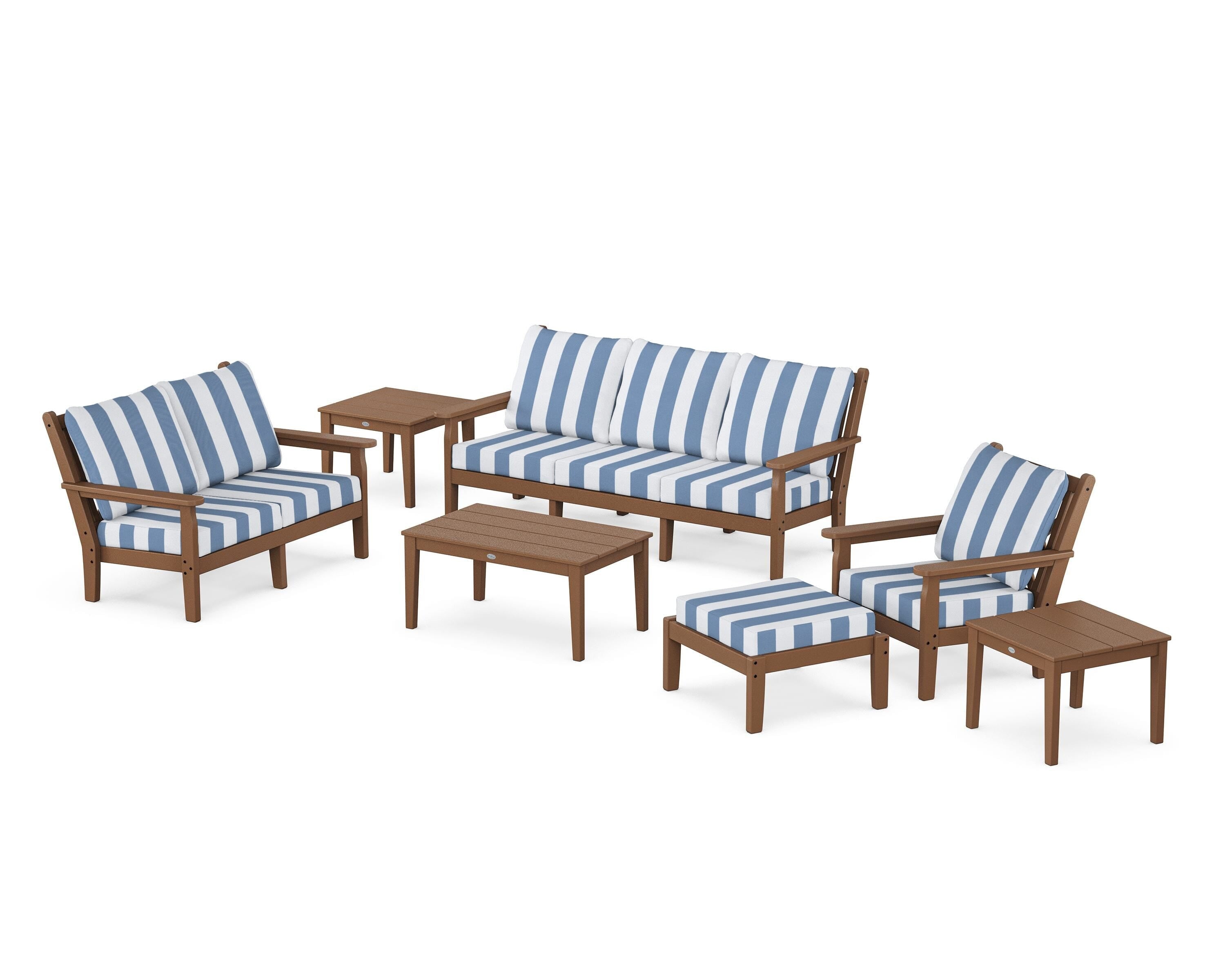 POLYWOOD® Chippendale 7-Piece Deep Seating Set in Teak / Cabana Stripe Sky Blue