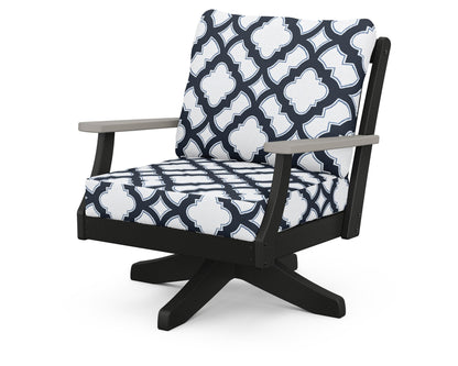 POLYWOOD® Braxton Deep Seating Swivel Chair in Black / Driftwood / Trellis Marine Indigo