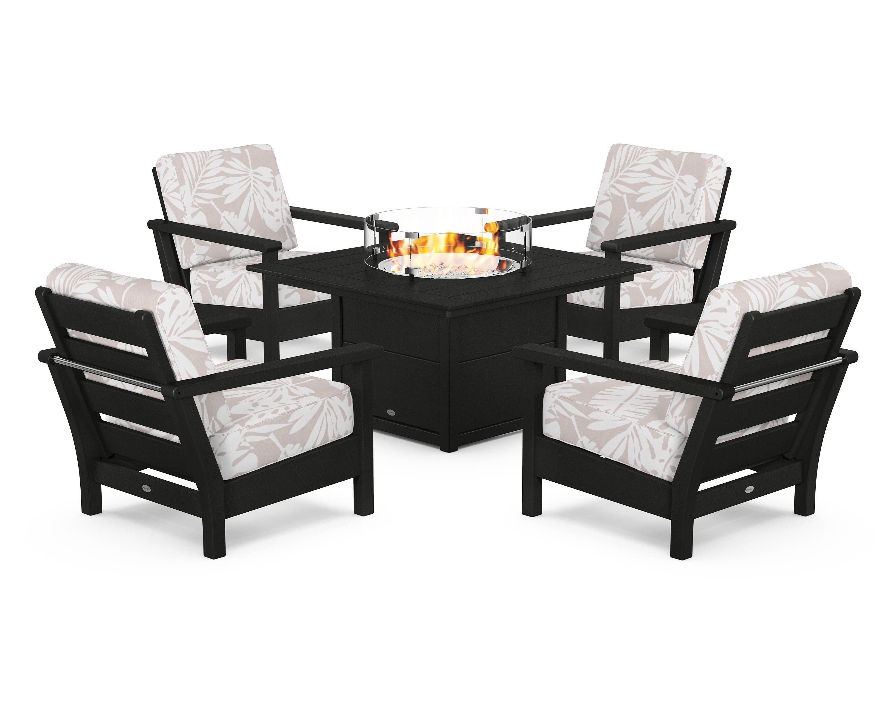 POLYWOOD® Harbour 5-Piece Conversation Set with Fire Pit Table in Black / Leaf Dune Burlap