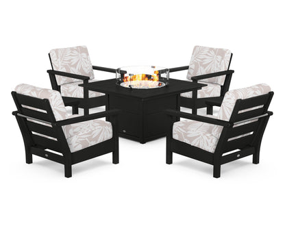POLYWOOD® Harbour 5-Piece Conversation Set with Fire Pit Table in Black / Leaf Dune Burlap