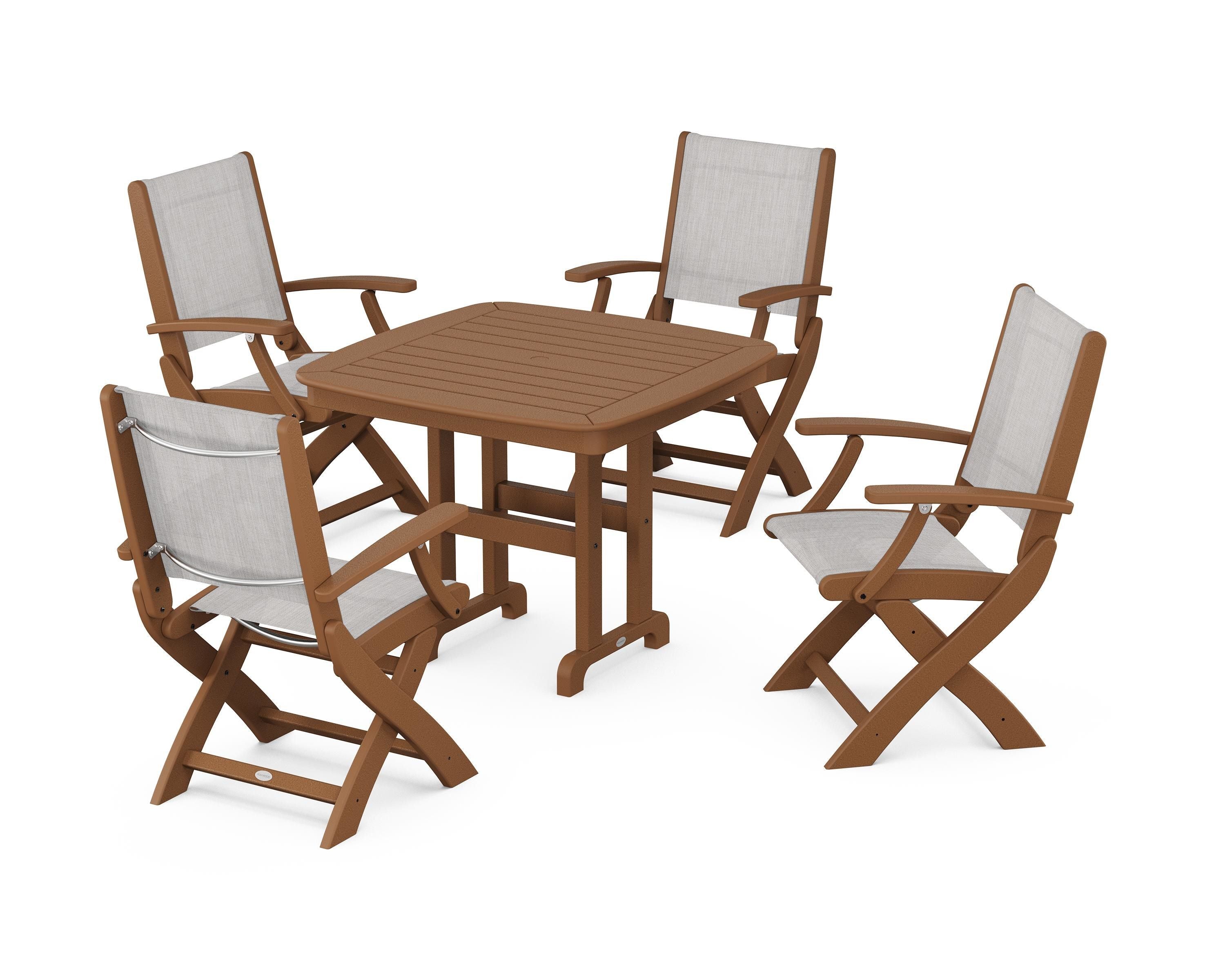 POLYWOOD® Coastal Folding Chair 5-Piece Dining Set in Teak / Parchment Sling