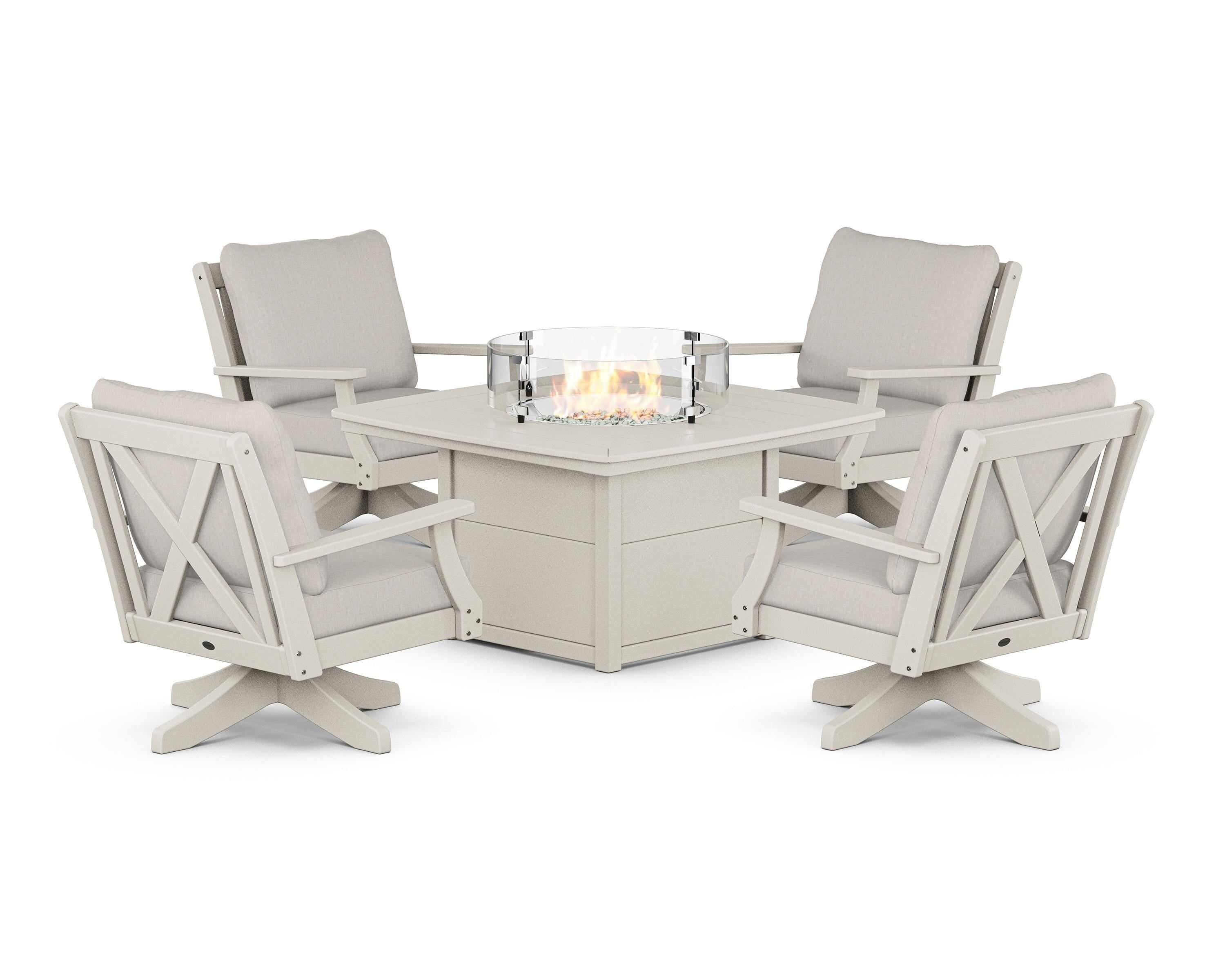 POLYWOOD® Braxton 5-Piece Deep Seating Swivel Conversation Set with Fire Pit Table in Sand / Cast Ash