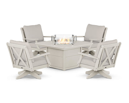 POLYWOOD® Braxton 5-Piece Deep Seating Swivel Conversation Set with Fire Pit Table in Sand / Cast Ash