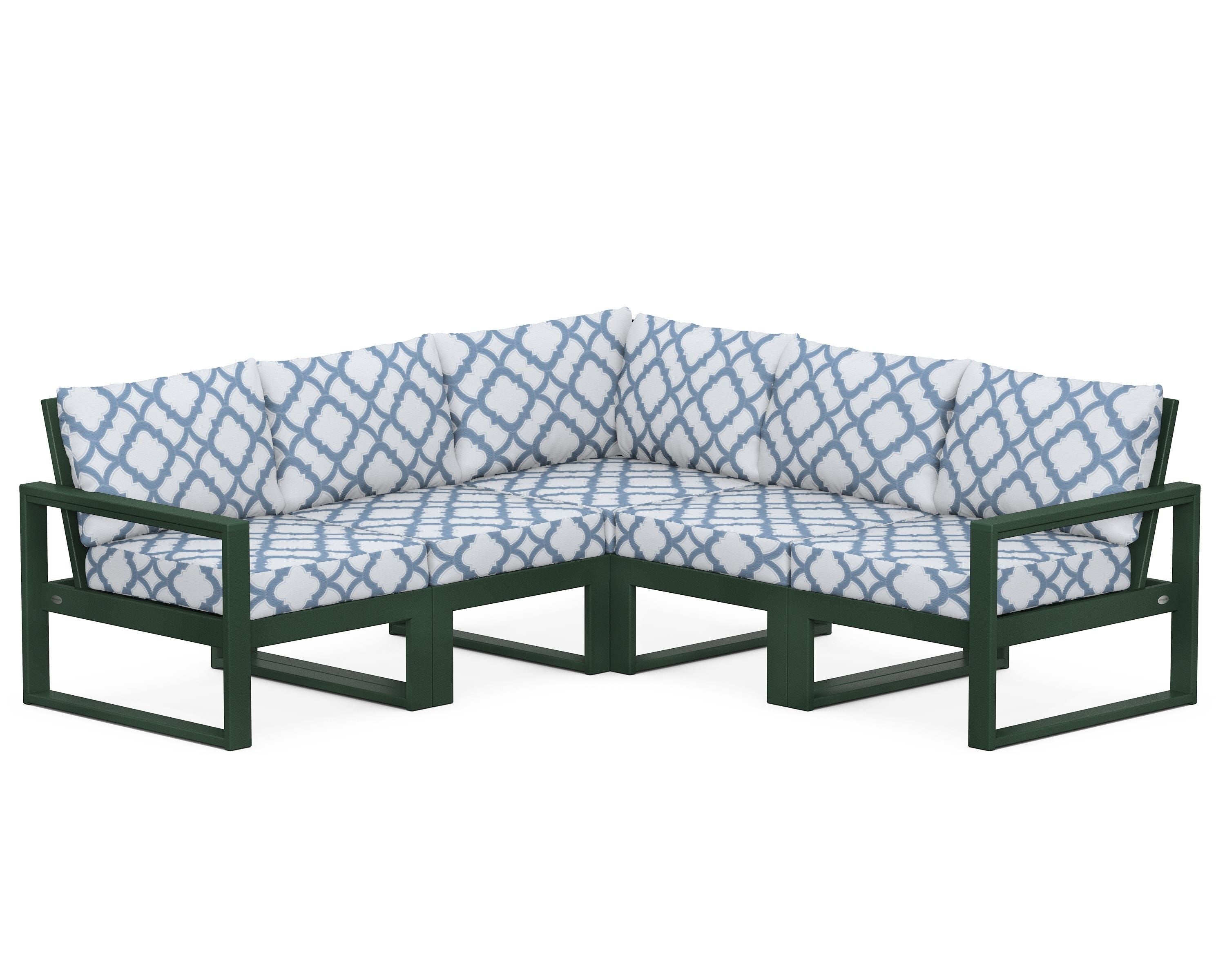 POLYWOOD® EDGE 5-Piece Modular Deep Seating Set in Green / Trellis Sky Blue
