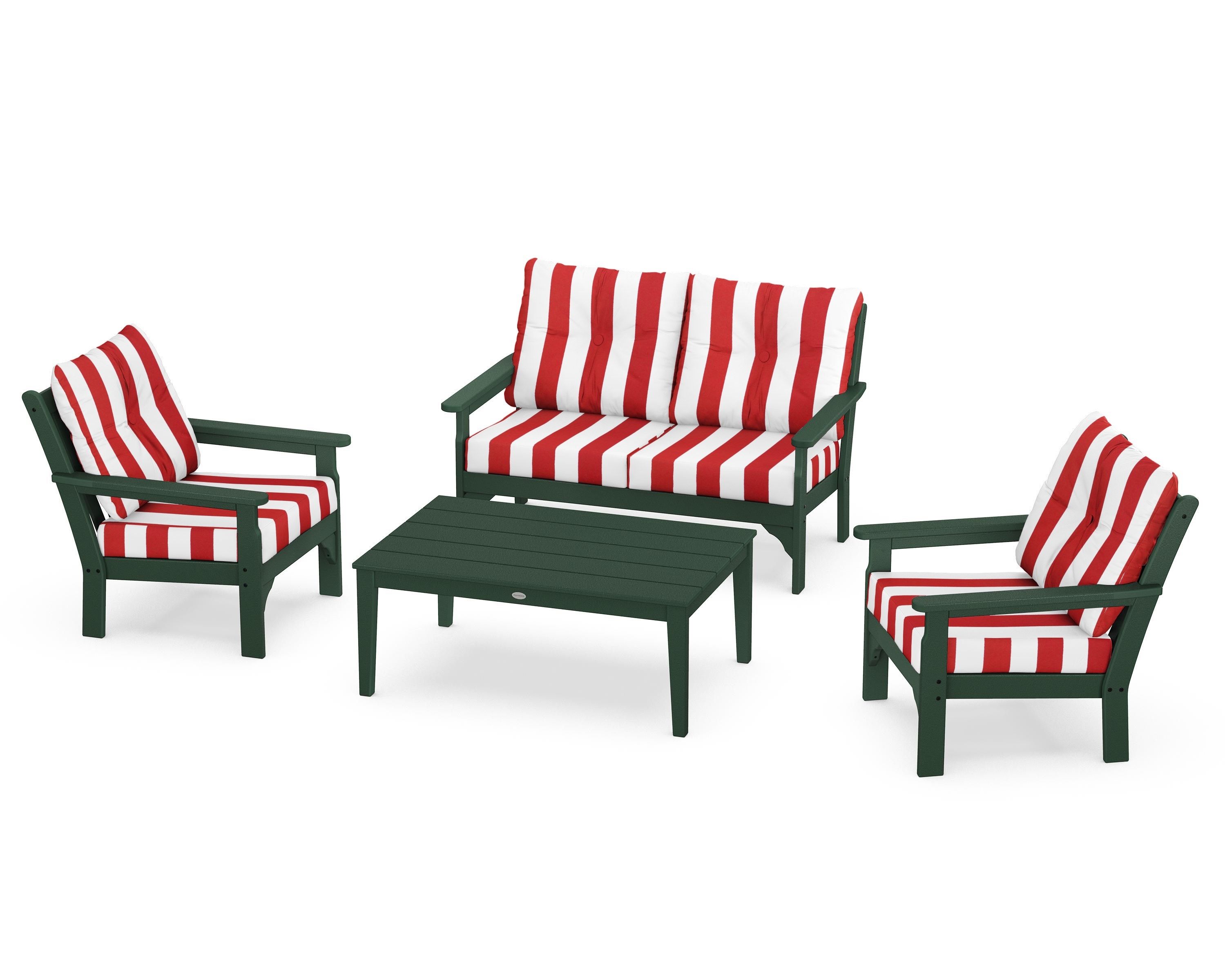 POLYWOOD® Vineyard 4-Piece Deep Seating Set in Green / Cabana Stripe Crimson