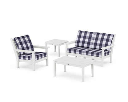 POLYWOOD® Chippendale 4-Piece Deep Seating Set in White / Buffalo Plaid Navy