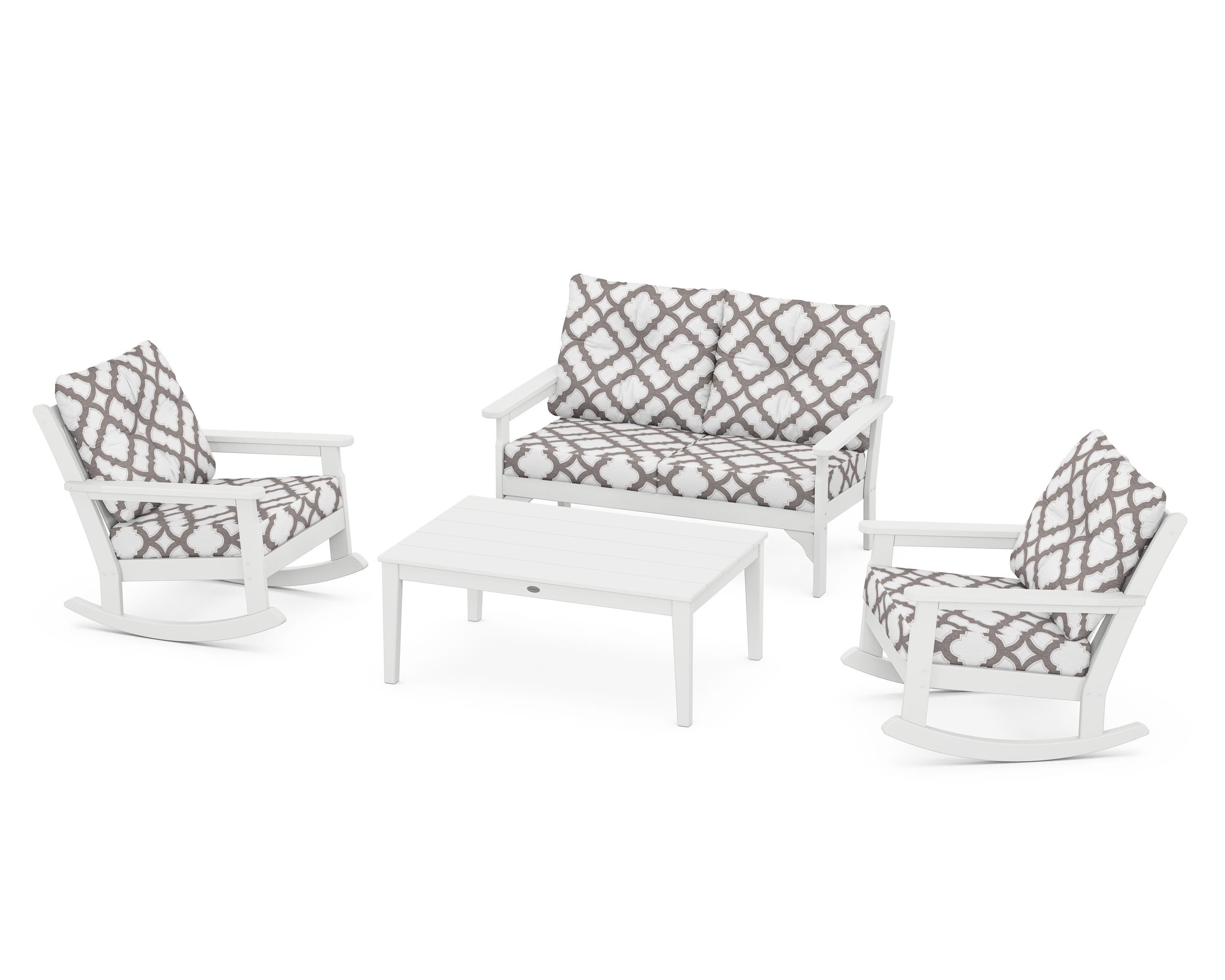 POLYWOOD® Vineyard 4-Piece Deep Seating Rocking Chair Set in White / Trellis Grey Mist