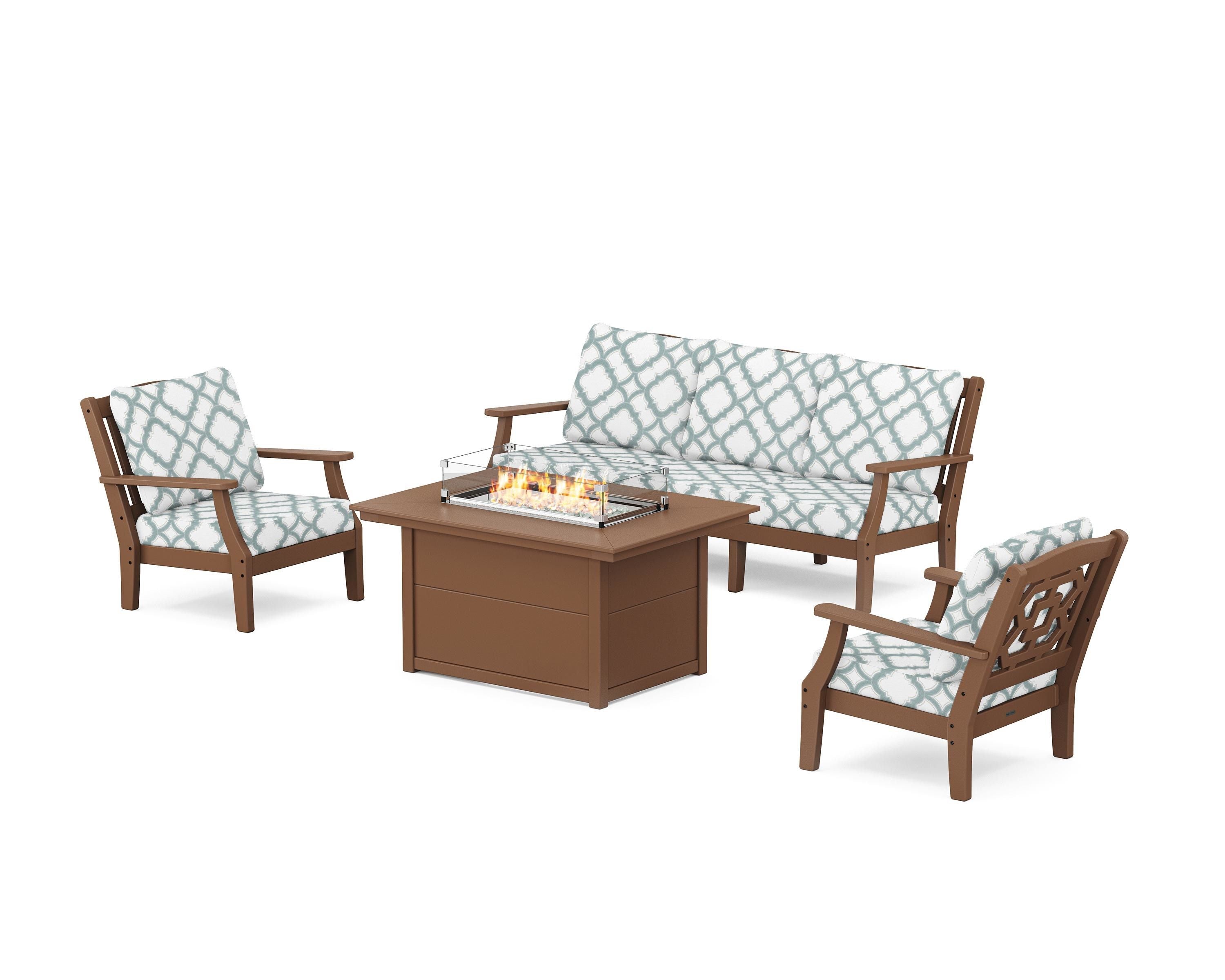 Martha Stewart by POLYWOOD® Chinoiserie Deep Seating Fire Pit Table Set in Teak / Trellis Glacier Spa