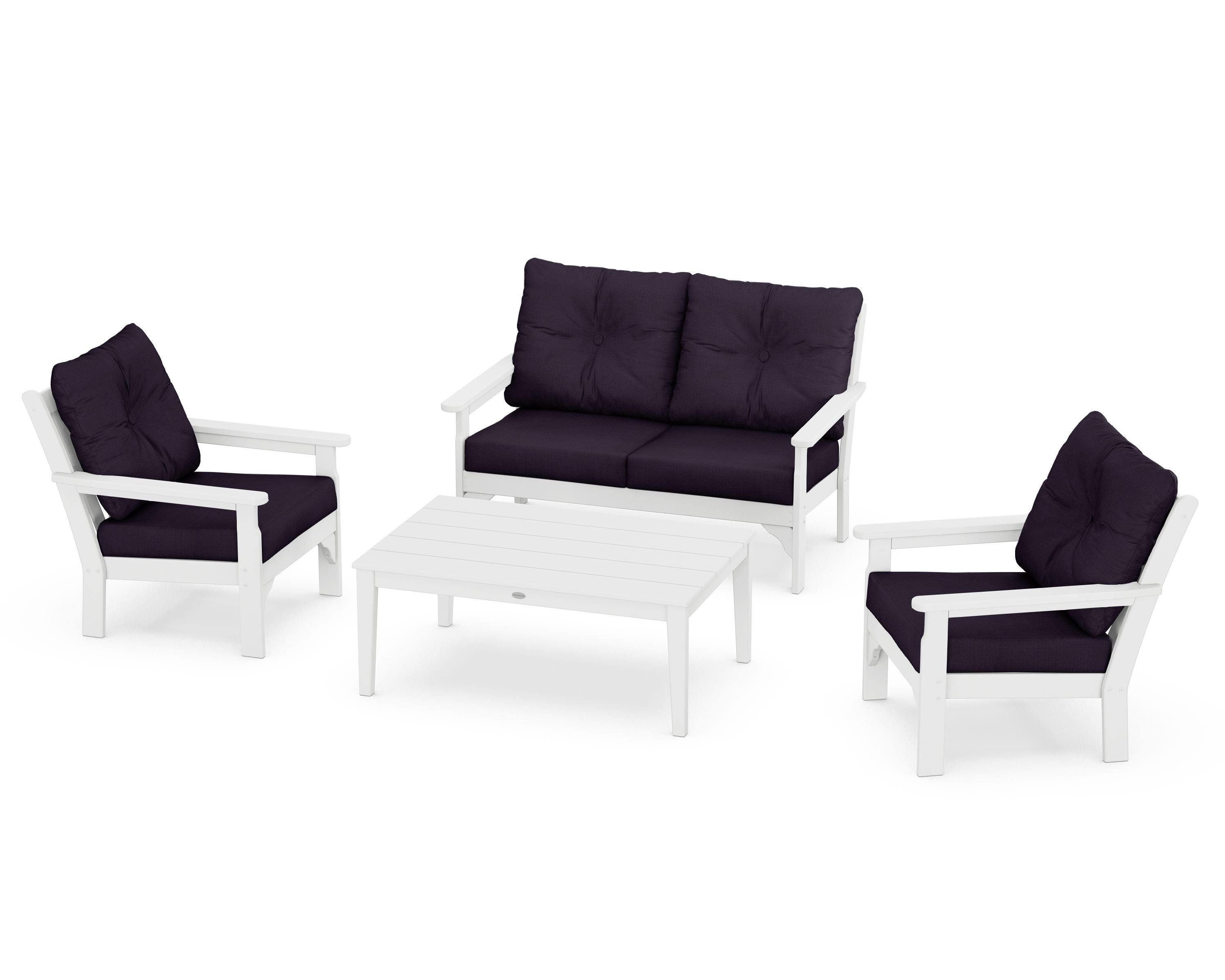 POLYWOOD® Vineyard 4-Piece Deep Seating Set in White / Navy Linen