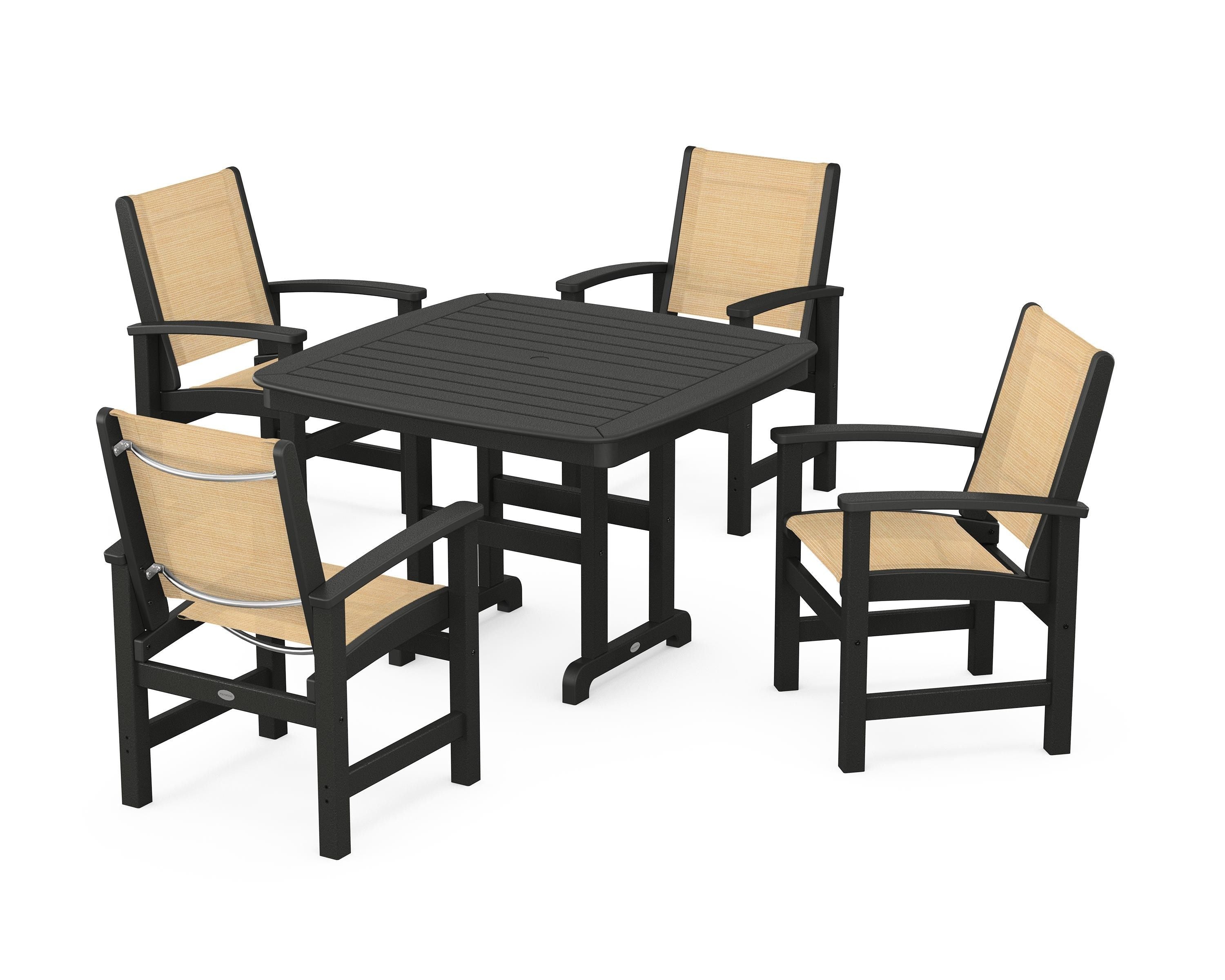 POLYWOOD® Coastal 5-Piece Dining Set in Black / Dupioni Apricot Sling