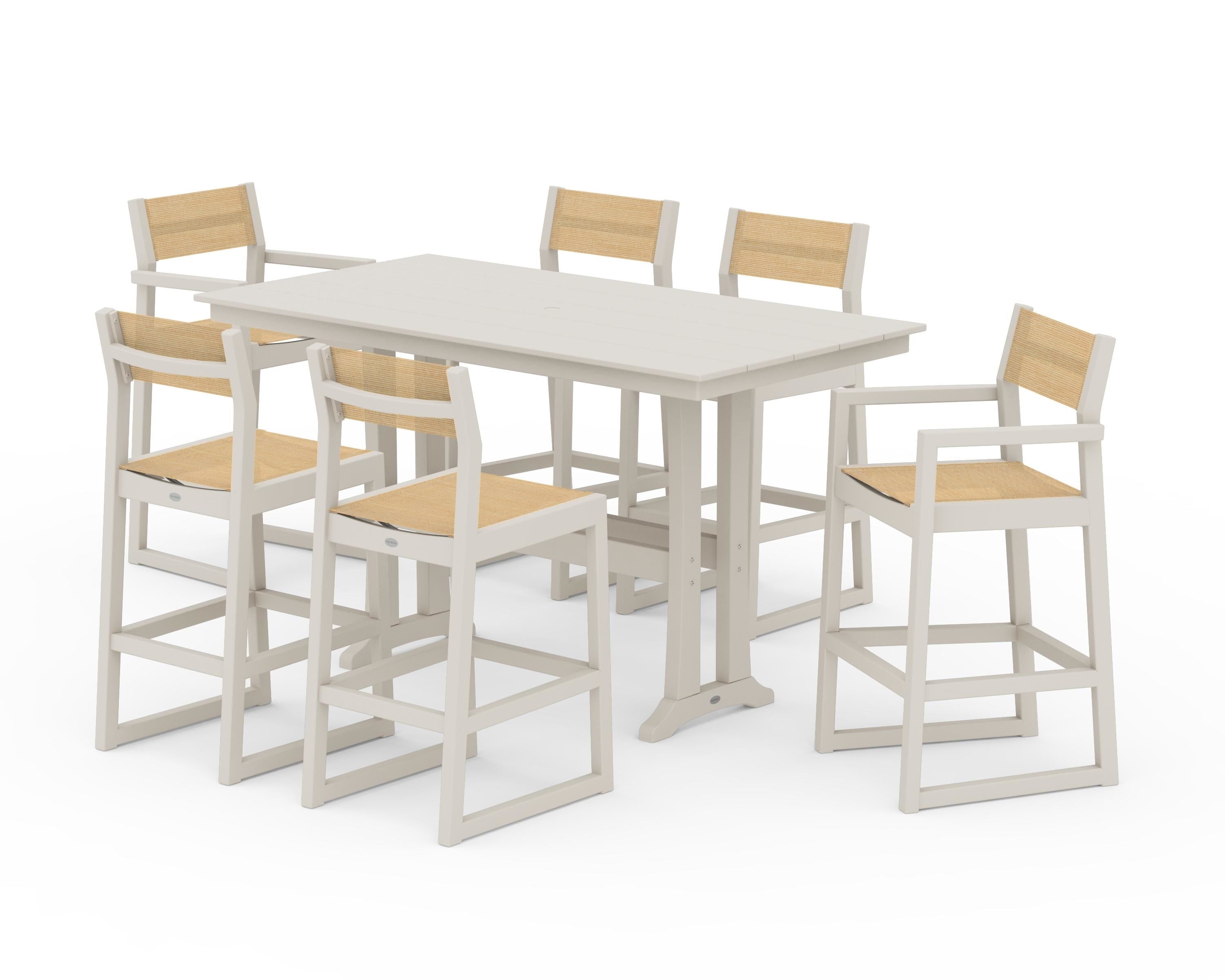 POLYWOOD® EDGE Sling 7-Piece Farmhouse Bar Set with Trestle Legs in Sand / Dupioni Apricot Sling