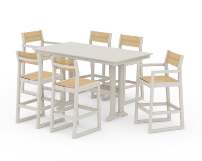POLYWOOD® EDGE Sling 7-Piece Farmhouse Bar Set with Trestle Legs in Sand / Dupioni Apricot Sling