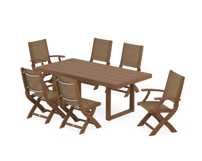 POLYWOOD® Coastal Folding Chair 7-Piece Dining Set with Trestle Legs in Teak / Burlap Sling